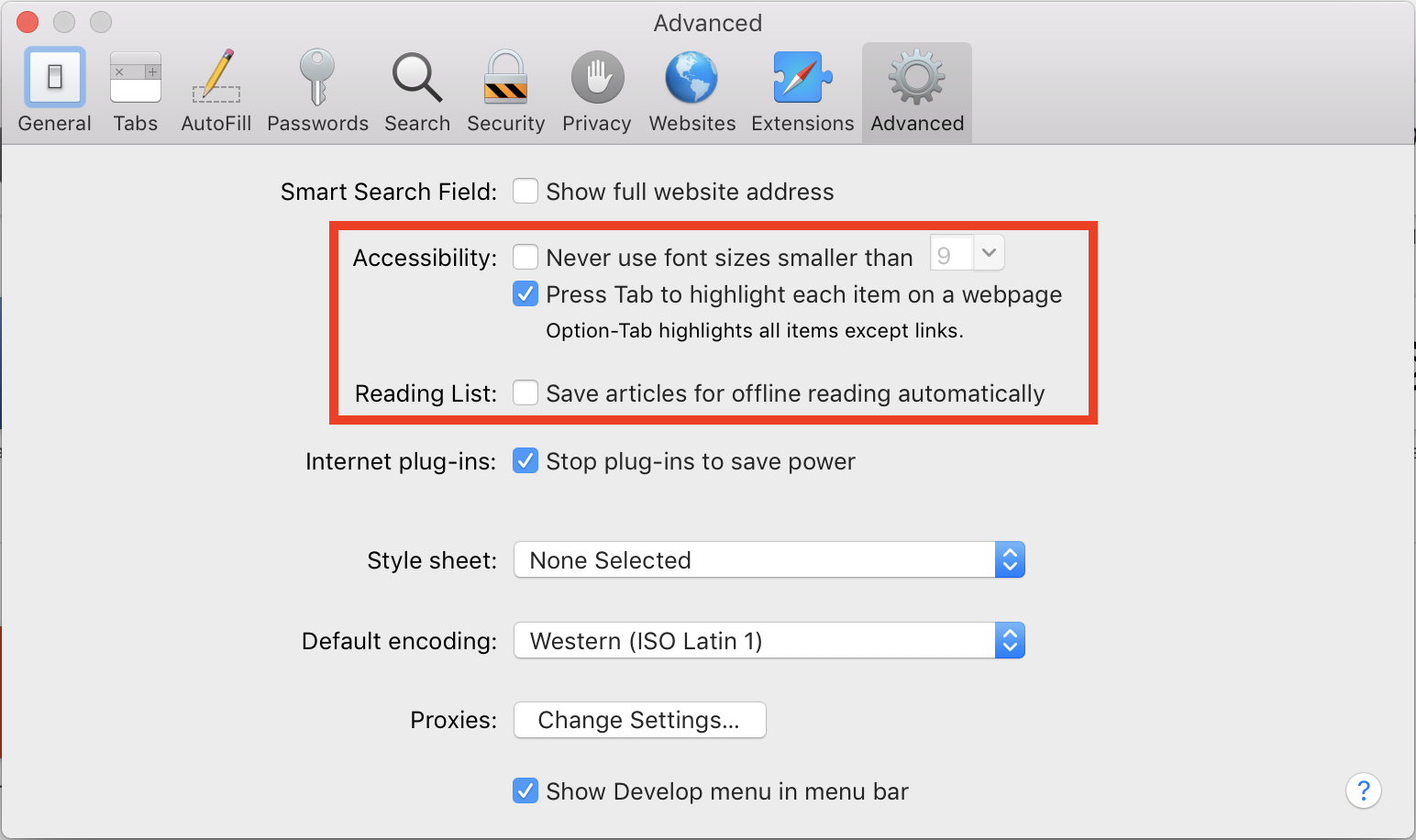 Screenshot of Safari's Advanced preferences, with Accessibility preferences outlined in red