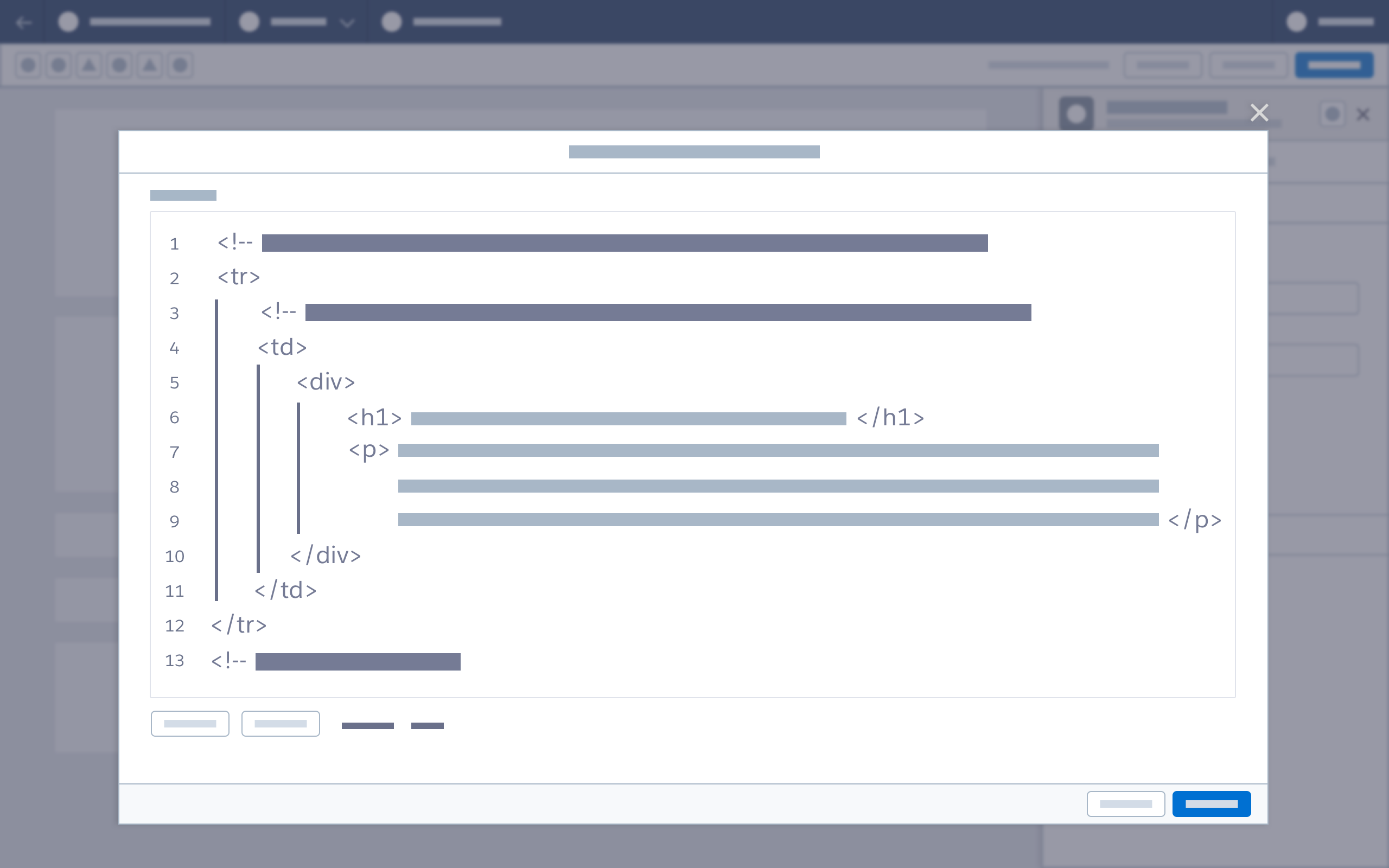 Wireframe showing an expanded view of HTML code in a modal