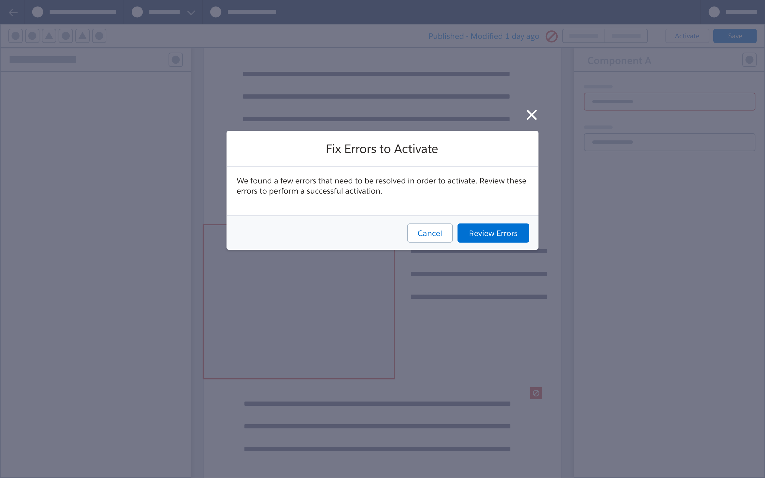 Wireframe showing a modal asking user to fix errors in order to activate.