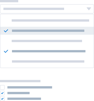 Two wireframes, one showing a multi select combobox, the other a multiple choice question with check boxes.