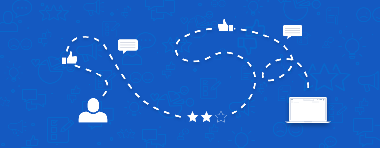An illustration of winding dotted path between an icon of a person and an icon of a laptop. Along the dotted path there are icons representing feedback, thumbs up, comment bubbles, and star ratings.